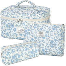 Floral Makeup Bag, 3 Pack Large Cotton Quilted Makeup Bag Set, Cute Floral Coque