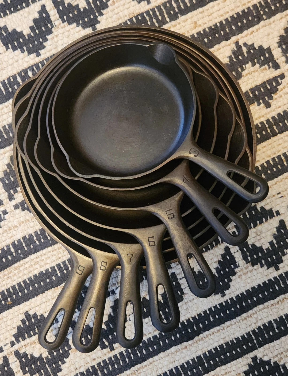 Matching Set Of Griswold Cast Iron Skillets #3-9 Sits Flat Refinished Beautiful