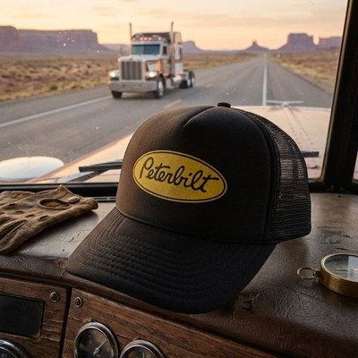 EBBETS FIELD FLANNELS Vintage Peterbilt Trucker Cap Black Yellow Logo Snapback