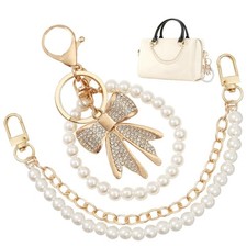 Pearl Purse Chain, Gold Metal Bag Extender Chain with White Rhinestone Bow Ke...