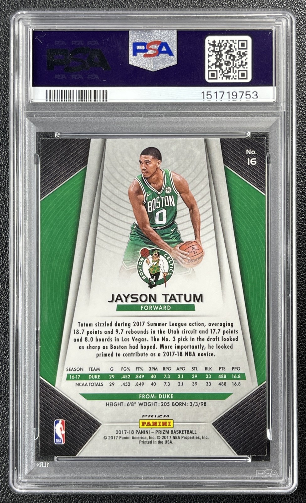JAYSON TATUM PSA 9 2017-18 PANINI PRIZM #16 ROOKIE GREEN RC CELTICS 9753 view 2
