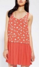 Cooperativ Drop Waist Mini Dress Sz M Red Ivory Birds Sleeveless Buttons Modern