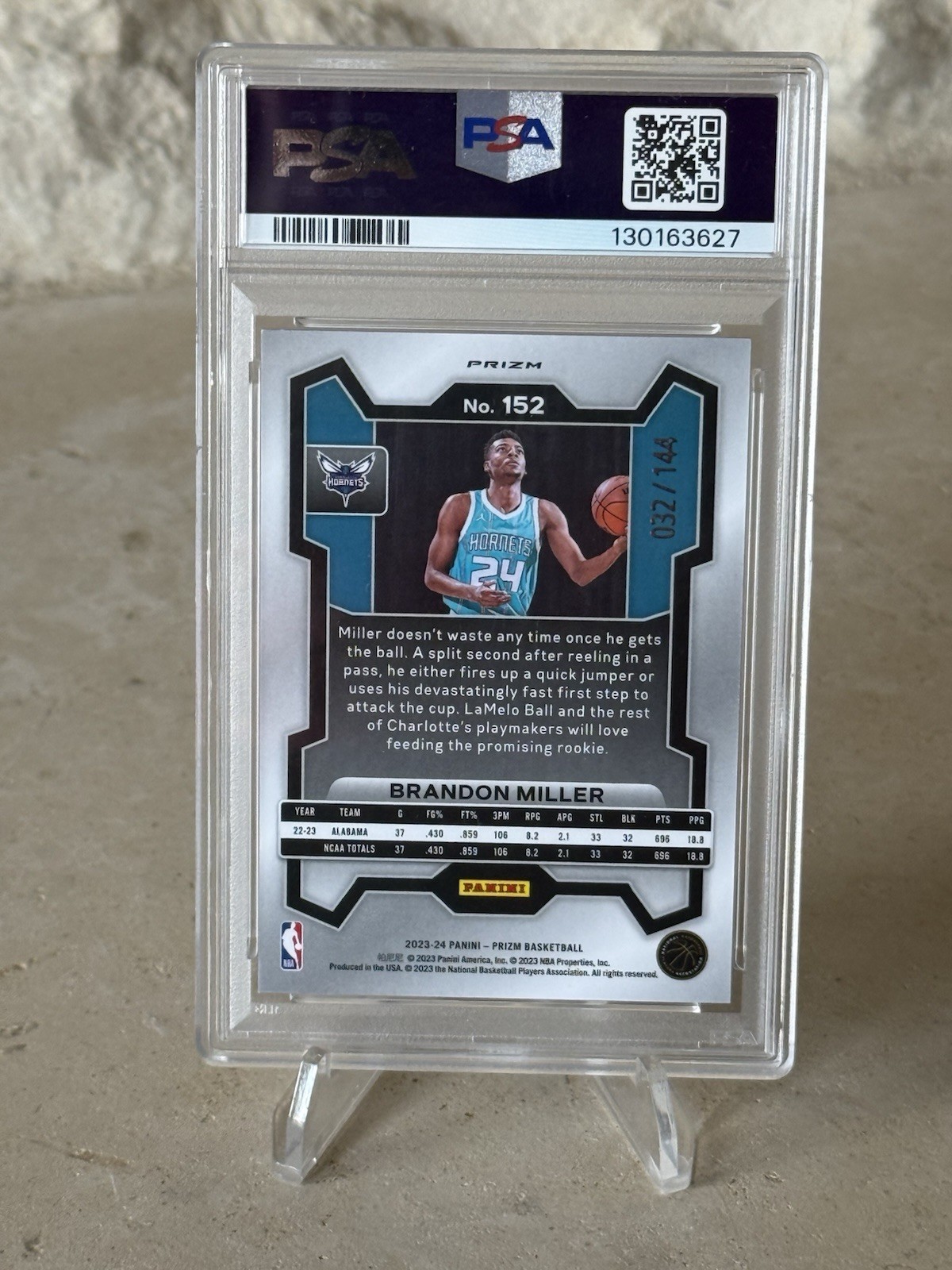 2023-24 Panini Prizm - Brandon Miller PSA 10 #152 Blue Sparkle Prizm /144 (RC) view 2