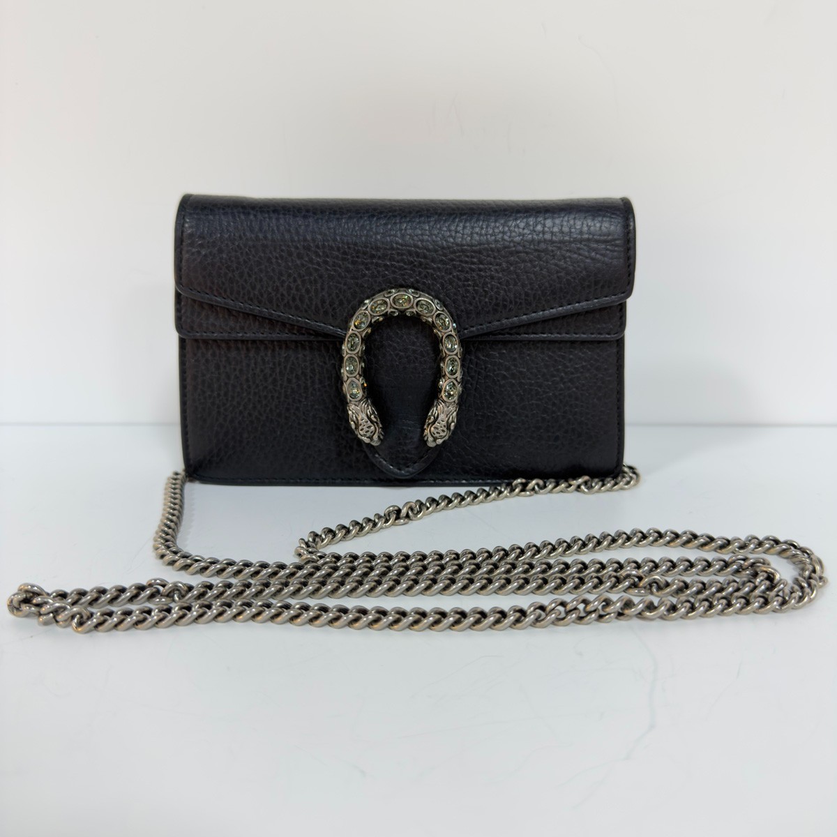 Gucci Dionysus Super Mini Black Leather Crystal Chain Crossbody Bag