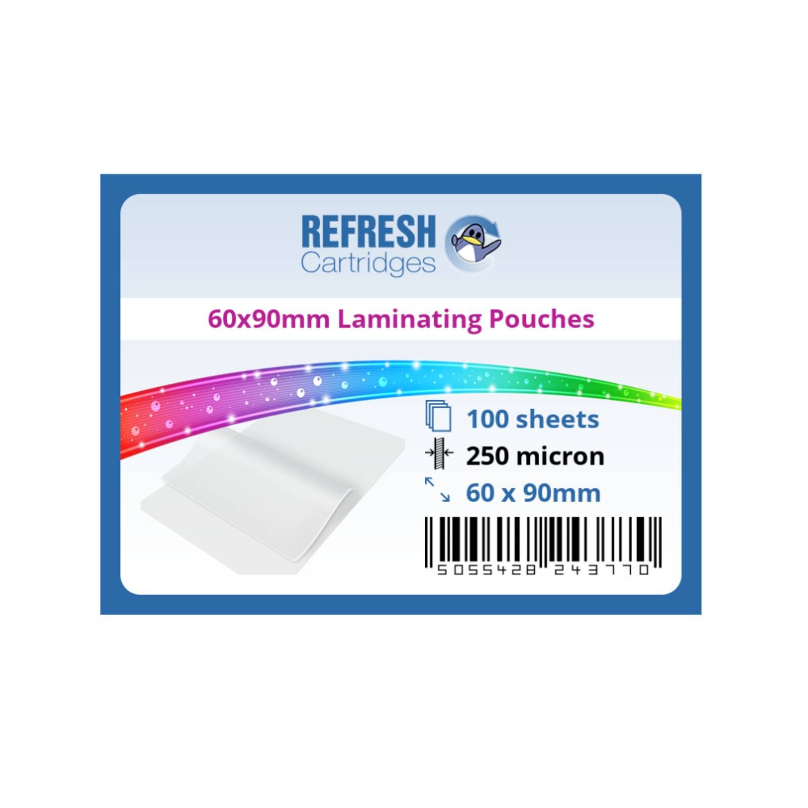 Refresh Cartridges Gloss Laminating Pouches ID Card 60x90mm 250 Micron 100 Sheet