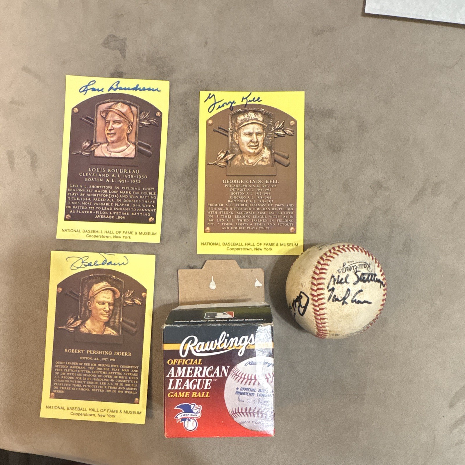 Bobby Doerr Lou Boudreau George Kell Signed Auto HOF Plaque Cards + baseball
