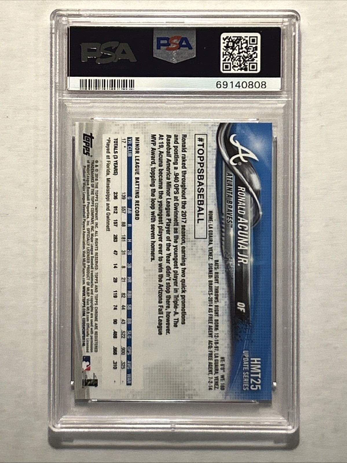 2018 Topps Chrome Update #HMT25 Pink Refractor Ronald Acuna Jr. PSA 10 view 2
