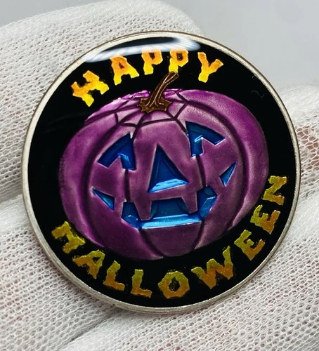 “Happy Halloween” Pumpkin Castronomics Hand Enamel 1 oz .999 Silver Art Round