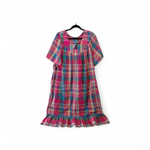 Anthony Richards Plaid House Dress 2X Multicolor V-Neck Ruffle Hem Pockets