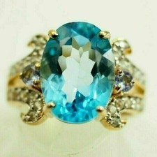Ladies Blue Topaz and Zirconia Ring Vermeil Gold over Sterling Silver size 7