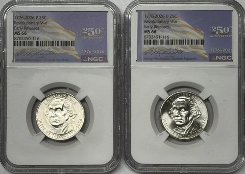 1776 2026 P & D Revolutionary War Quarter NGC MS66 ER Dual Date 2 Coin Set