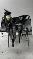 Charro Saddle – Black Leather with Silver Bordada Floral Pattern  (15.5”)