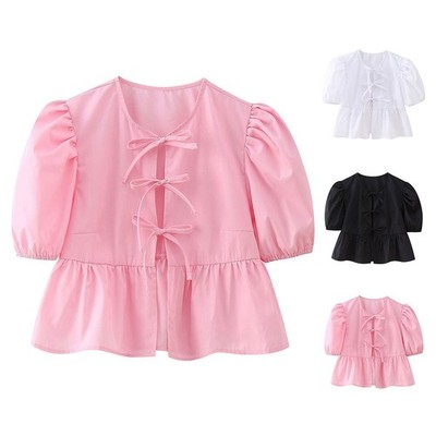 Brand New Shirt Top O-Neck Puff Sleeve Soft Stylish Women Lace-Up Fashion