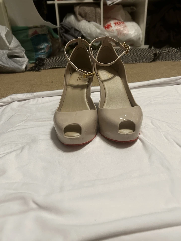 Melissa Womens Patchuli Beige Red Peep Toe Ankle Strap Wedge Platform Heels Sz 6 - Image 2 of 3
