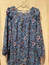 Time and Tru Women's Ruffle Dress W/Long Sleeves Teal and Brown Floral L 12-14