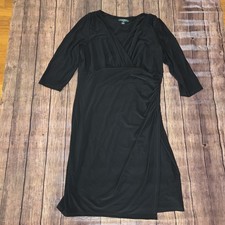 Lauren Ralph Lauren Faux Wrap Dress Womens 16W Black Ruched 3/4 Sleeve Midi