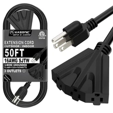 50 Ft Extension Cord with 3 Outlets, UL Listed 16/3 SJTW 3-Wire Grounded, 13A