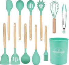 12 PCS Silicone Kitchenware Utensil Set with Wooden Handle  Holder Green
