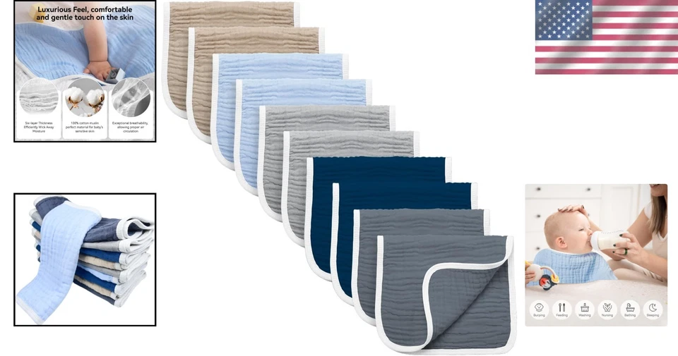 Paños de eructo de muselina de lujo para bebés - Paquete de 10, diseño de algodón de 6 capas Foto 2 de 4