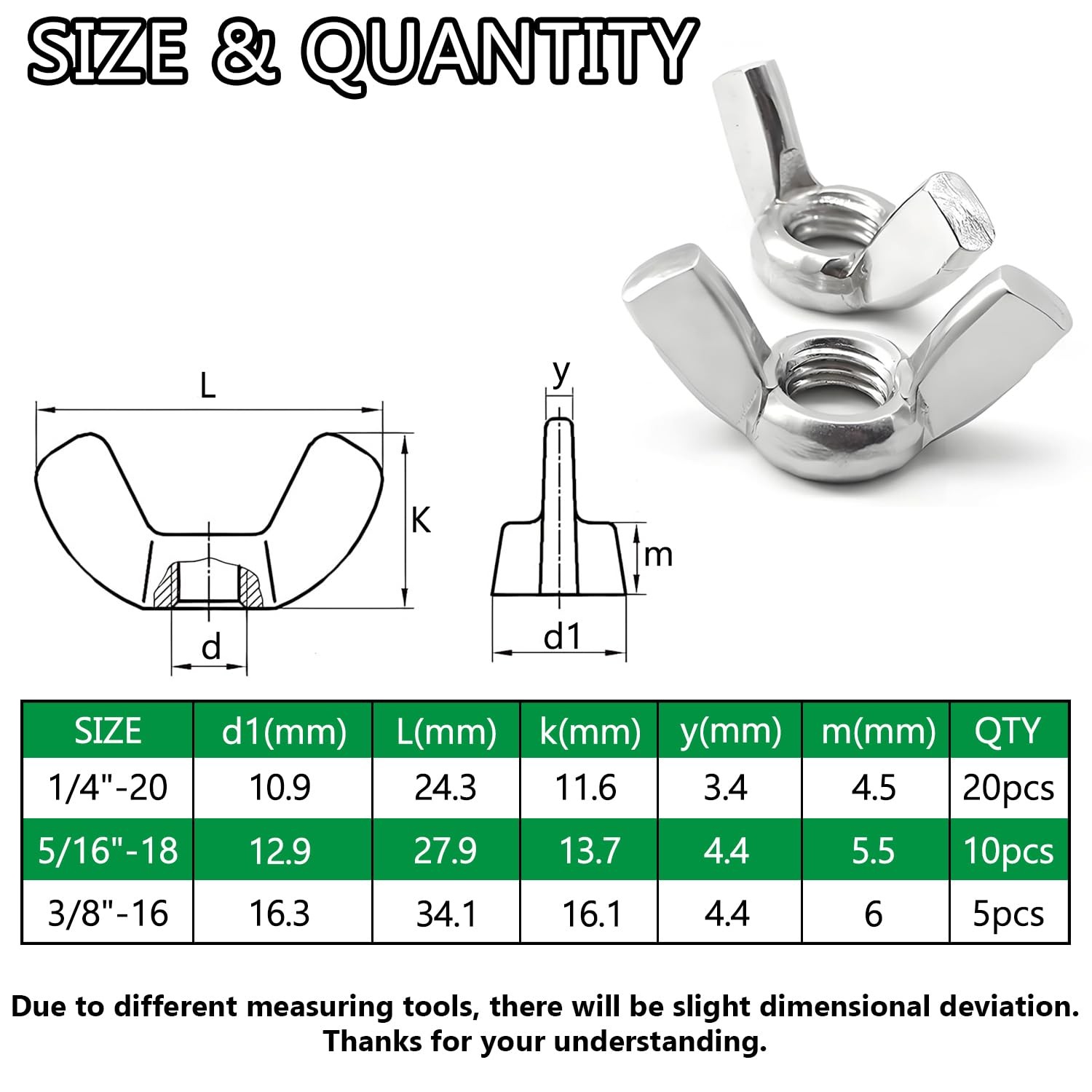 Aienxn 35PCS SAE Sizes Wing Nuts Assortment Kit, 304 Stainless Steel 1/4"-20,...