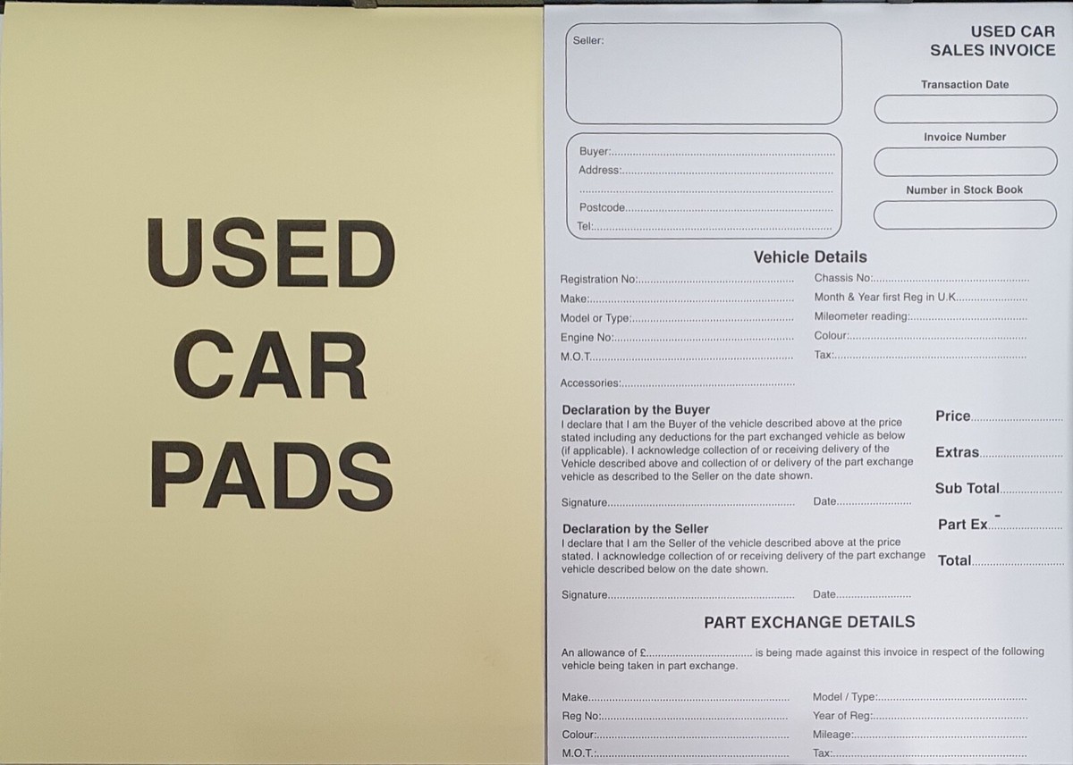 Used Cars A4 Used Car Vehicle Sales Invoice Pad Receipt Buying ...