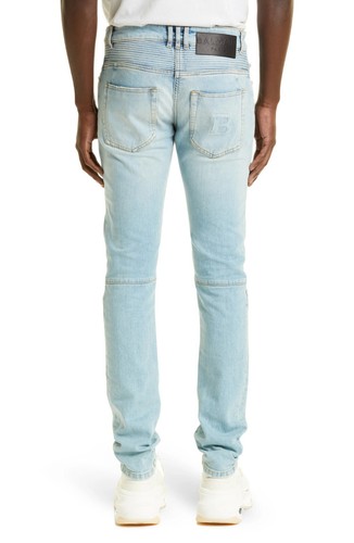 Balmain Men's Ribbed Slim Fit Biker Moto Jeans Light Blue Size 32 - Italy Made - Picture 2 of 5
