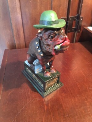 VINTAGE OLE PUFFER NICKEL CIGAR DOG CAST IRON MECHANICAL COIN BANK