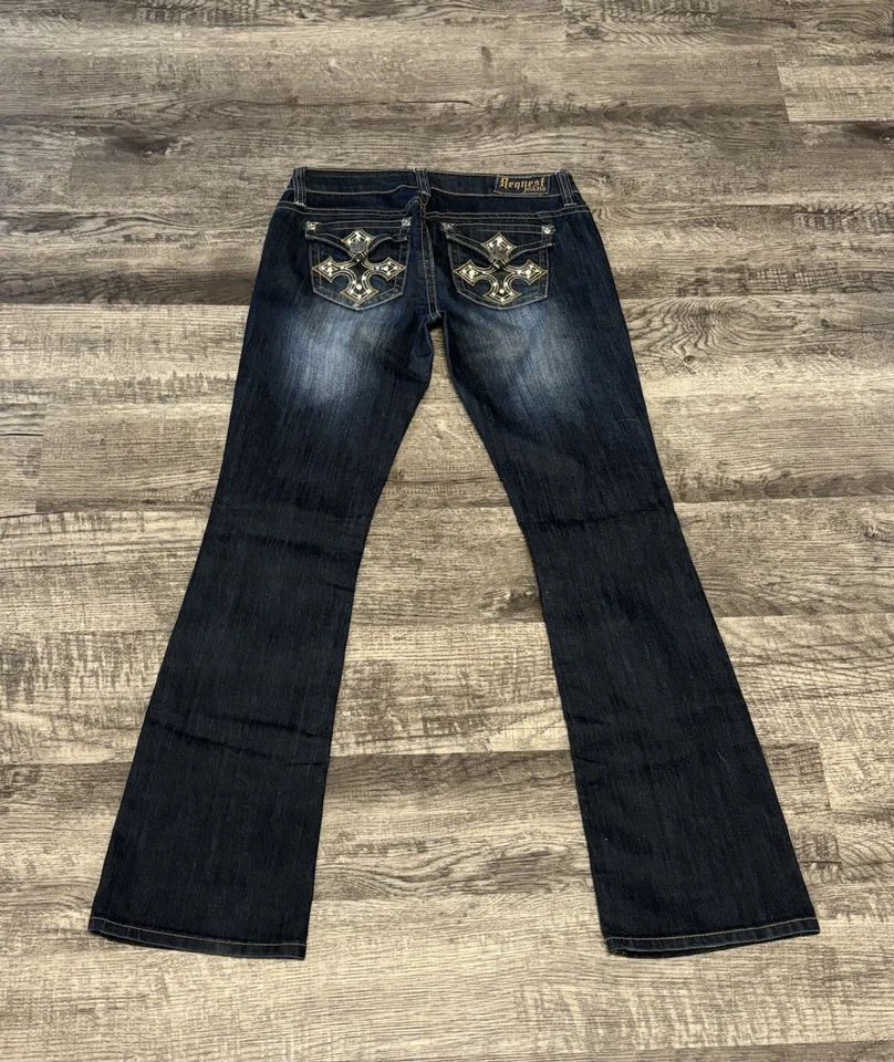 Pantalones de mezclilla para mujer Request 7 azul corte bootcut desgastado bordado 27x28 Foto 2 de 4