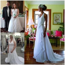 White Ivory Halter Pleats Chiffon Beach Wedding Dresses Plus Size Bridal Gowns