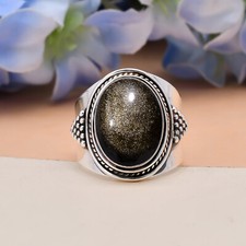 Natural Golden Sheen Obsidian 925 Sterling Silver Ring Christmas Jewelry Gift.