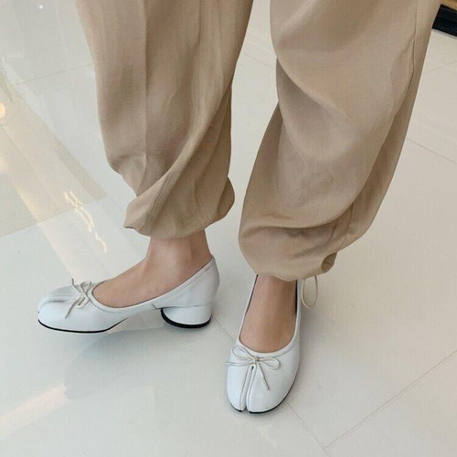Leather Bowtie Tabi Split Toe Women's Pumps Loafer Mid Heel Ballet