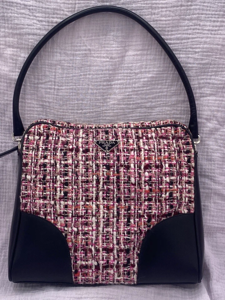 Prada 黑色皮革粉色粗花呢手提包迷你托特包羊毛丝绸复古原始 — 第 2/4 张图片
