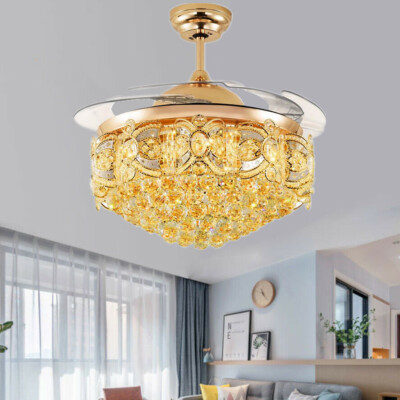 42'' Luxury Crystal Chandelier Invisible Ceiling Fan LED 3-Color Change Remote