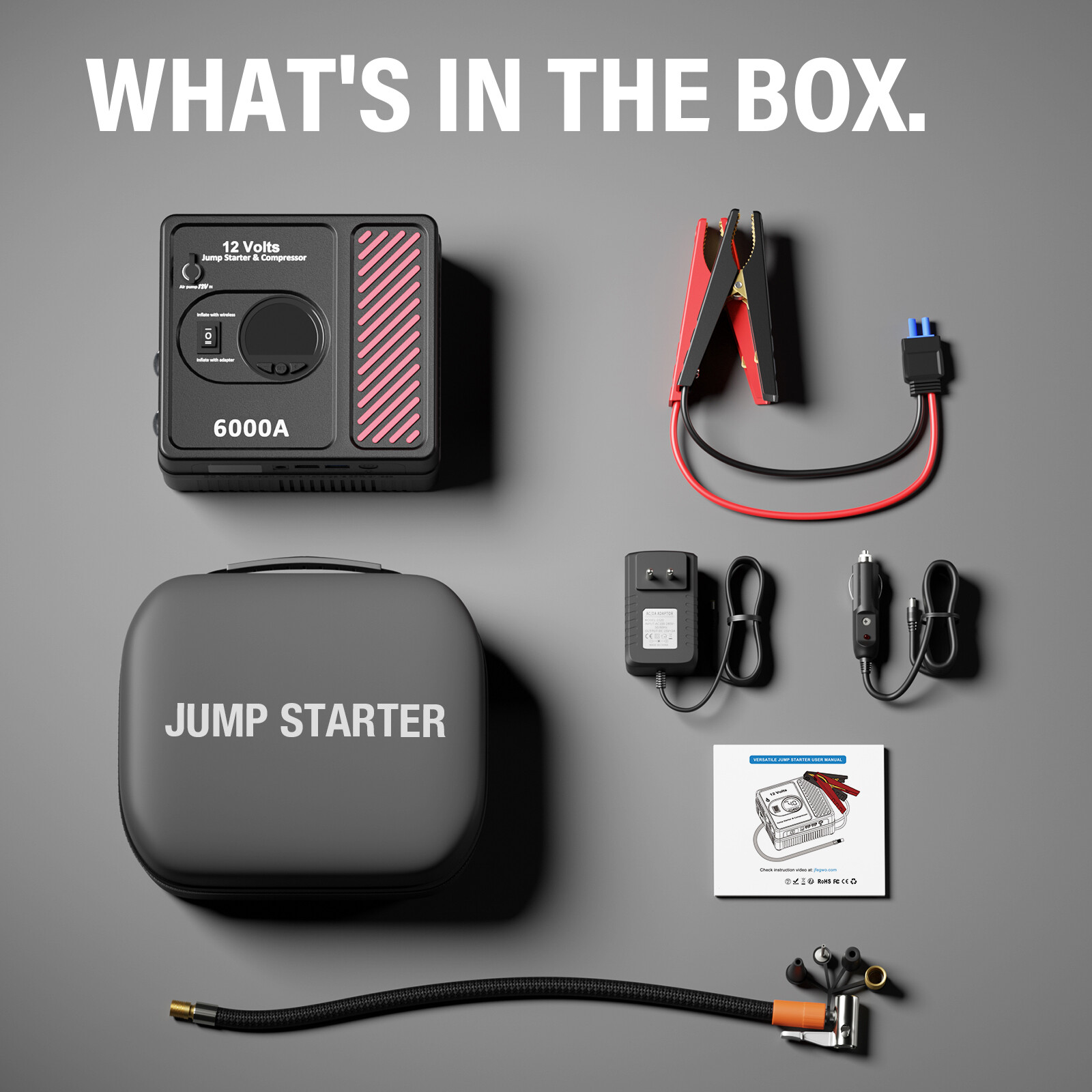 AdoreTrip 6000Amp Car Jump Starter + Air Compressor 12V Battery Booster Charger