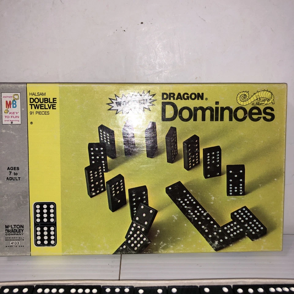 VTG Double Twelve Wooden Dragon Dominoes 1970 Game Milton Bradley 91 Piece #4133 - Image 4 of 4