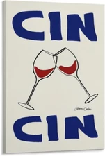 Vintage Wine Art Canvas, Retro Cin Cin Poster Home Bar Cart Alcohol-Theme 12x18