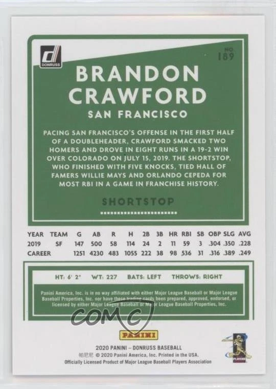 2020 Panini Donruss Artist Proof /10 Brandon Crawford #189 - Image 2 of 2