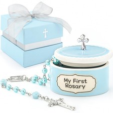 My First Rosary 25 Inch Blue with Ceramic Keepsake Box - Baptism Gift for Boys