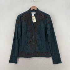 Coldwater Creek Jacket Womens Small Green Floral Lace Beaded Button Front Lined