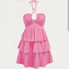 SHEIN Pink Solid Halter Strappy Fit & Flare Ruffle Mini Dress Tie Neck Size S