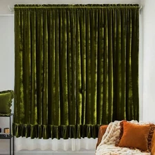 Velvet Curtains Set of 2 Retro Ruffle 52"W x 84"L (Pack of 2) Olive Green