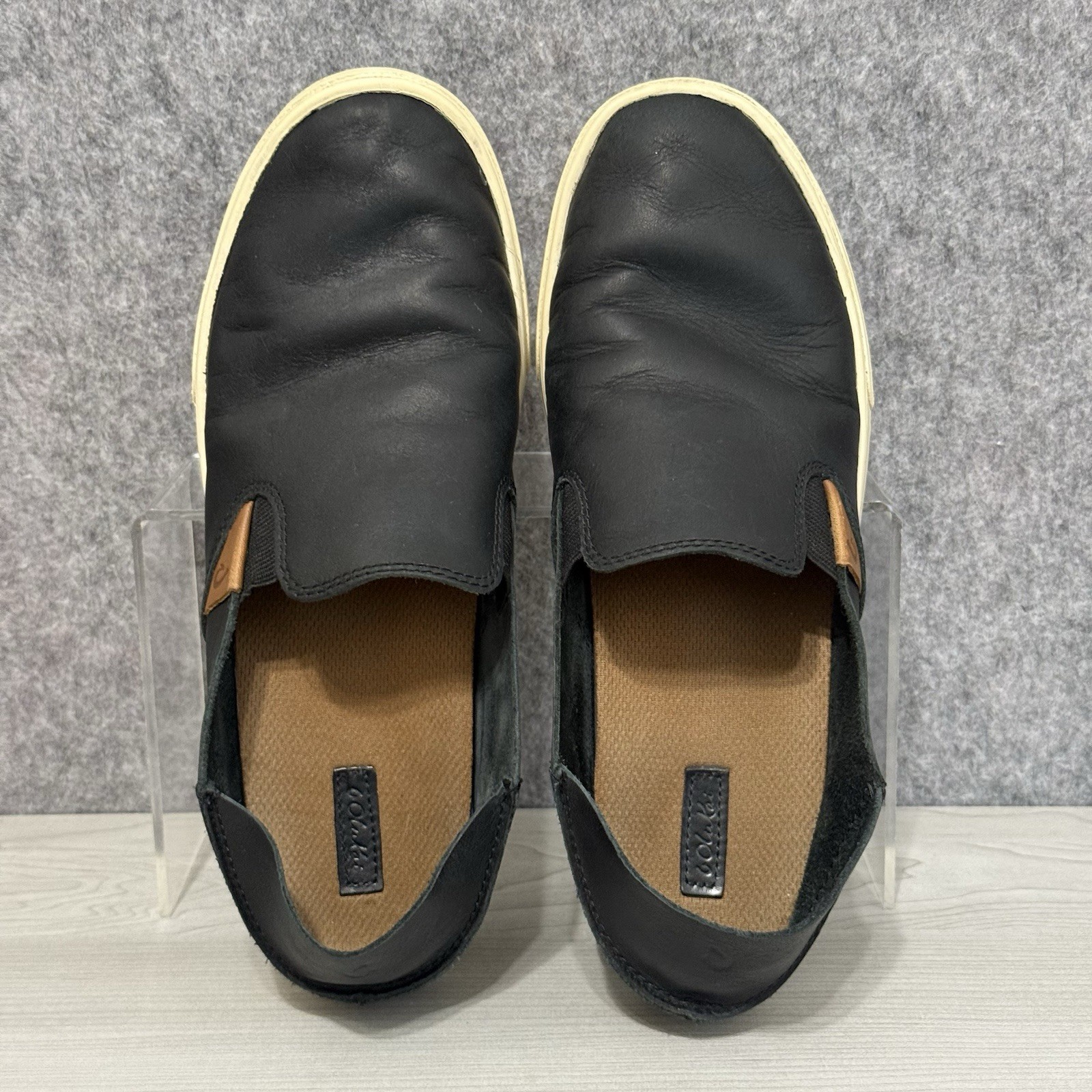 SAOLA Scarpe slip on Olukai Pehuea in pelle nero bianco suola in gomma donna taglia 8