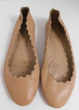 Authentic Chloe Scalloped Ballet Flats Round toe Genuine Leather Beige 37