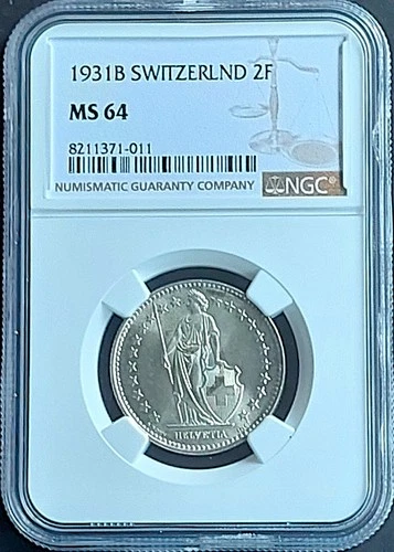 1931 B  Switzerland 2 Francs, NGC MS 64, nice  silver coin        #2001, # 65-11