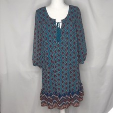 As U Wish Women's Dress Large  Boho Southwest Casual Teal Navy