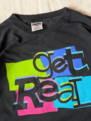 Vintage Power Pro Oneita 90s 'Get Real' Black Faded Single Stitch Tee XL USA