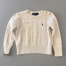 Polo Ralph Lauren Kids 4 Sweater Cotton Cable Knit White Buttons Logo Youth READ