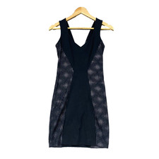 GUESS Dress S Black Mini Bodycon Metallic Side Panel V-Neck Stretch Party