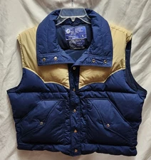 Vintage JC Penney XL Down Ski Vest  Western Style Yoke, Tan And Navy Blue, Snaps