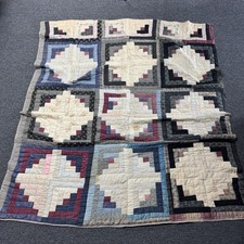 Vintage 30 40s Handmade Log Cabin Quilted Patchwork Multicolor Quilt - 65 X 76